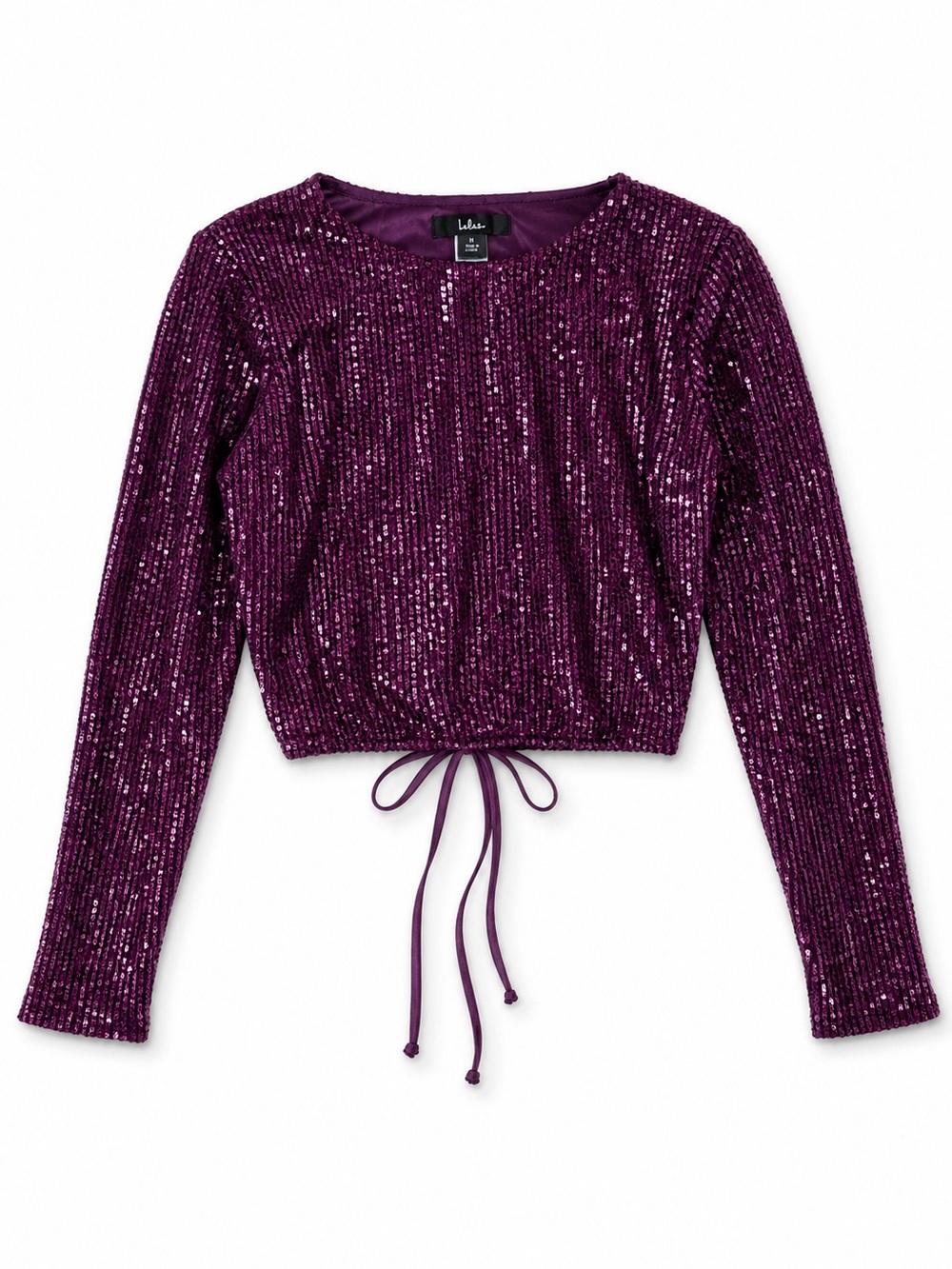 Lulus Sequin Crop Top Plum Purple Open Back Tie Long Sleeve Size Large